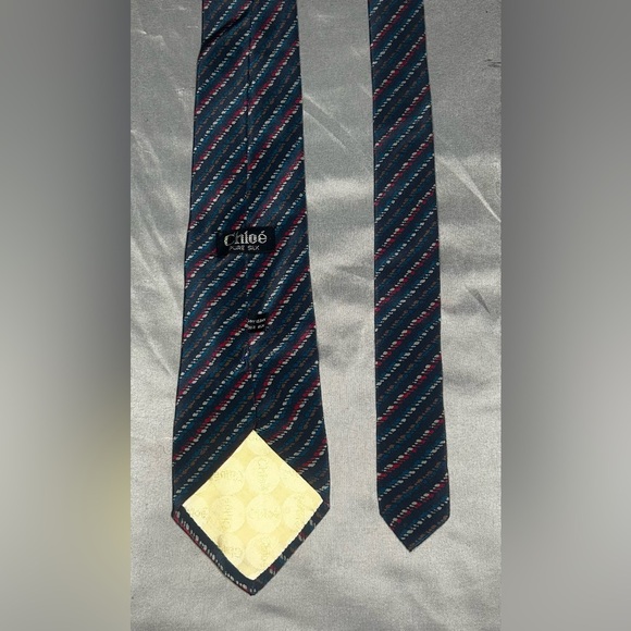 Men’s Chloé Vintage Vtg 90s Blue Red White Striped Silk Spain Designer Tie - Picture 2 of 4